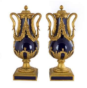 Sevres Gilt Bronze Cobalt Blue Urns