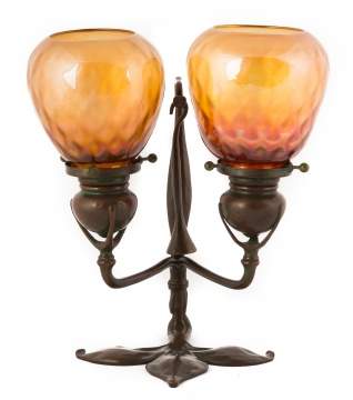Tiffany Studios Double Bronze Candle Lamp with  Snuffer and Quilted Iridescent Shades