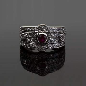 18K White Gold, Natural Ruby and Diamond Ring