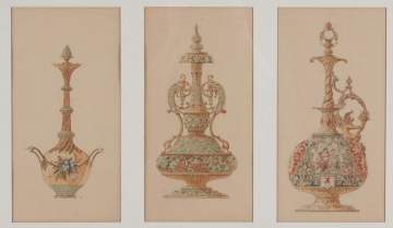 Artist Renderings for Gorham Silver Co. with Moorish Designed Ewers and Vases