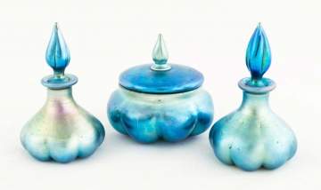 Two Steuben Blue Aurene Perfumes and Covered Powdered Jar