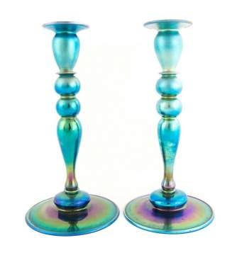 Steuben Blue Aurene Candle Sticks