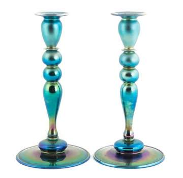 Steuben Blue Aurene Candle Sticks