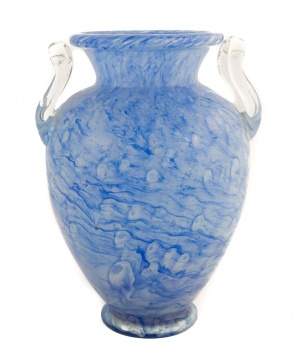 Steuben Blue Cluthra Handled Vase