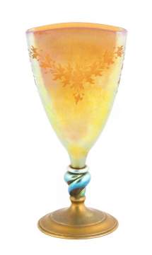 Unusual Steuben Gold Aurene Etched Vase with Bronze Base