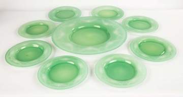 Steuben Jade Engraved Alabaster Charger and Plates