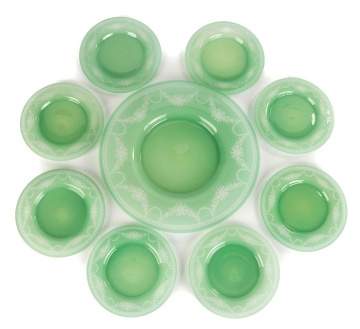 Steuben Jade Engraved Alabaster Charger and Plates