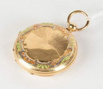18K Gold Key Wind Gold Pocket Watch with Enameled Landscape
