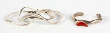 Three Silver Bangles and 14k Gold & Silver Cuff Bracelet