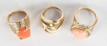 Three 14K Gold, Coral and Diamond Rings