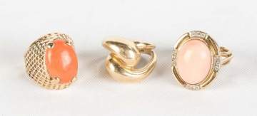Three 14K Gold, Coral and Diamond Rings