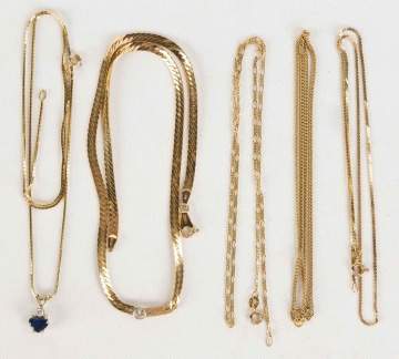 Five 14K Gold Necklaces Including a Sapphire and Diamond
