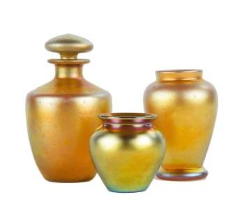 Steuben Gold Aurene Cologne and Cabinet Vases
