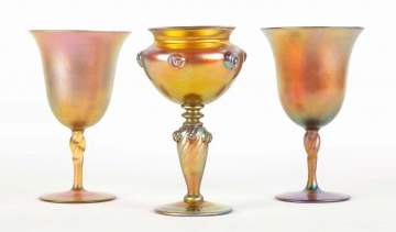 Pair Gold Aurene Goblets and Goblet with Applied Decoration