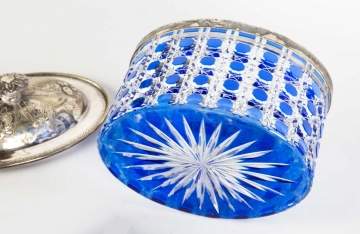 Silver Plate Covered Cut Class Overlay Biscuit Jar