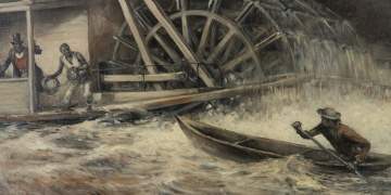 Nick Eggenhofer (American, 1897-1985) "Caught in  the Undercurrent of the Paddlewheel of a Steamboat"