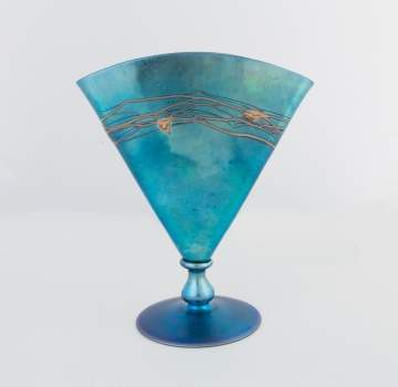 Steuben Decorated Blue Aurene Fan Vase