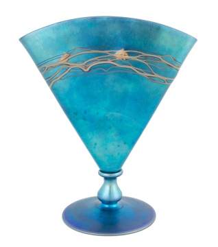 Steuben Decorated Blue Aurene Fan Vase