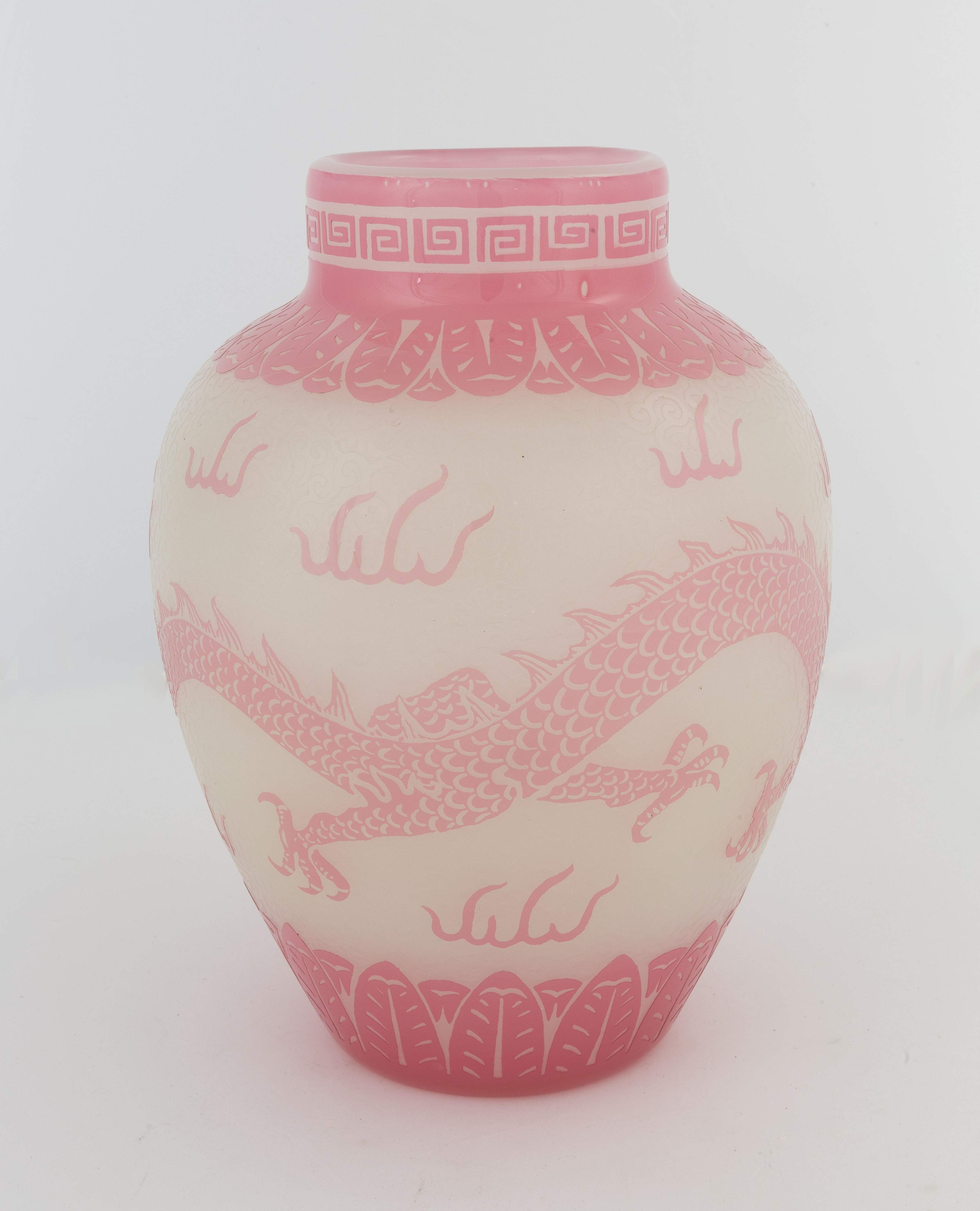 Steuben Rose and Alabaster Vase with Dragon Design Cottone Auctions