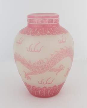 Steuben Rose and Alabaster Vase with Dragon Design
