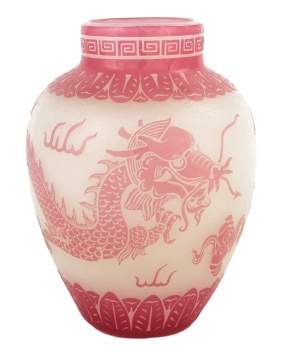Steuben Rose and Alabaster Vase with Dragon Design