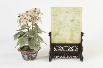Hard Stone Flower in Cloisonné Pot & Chinese Table Screen