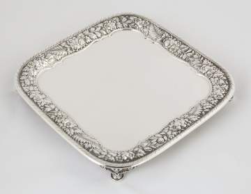 Tiffany & Co. Makers Sterling Silver Square Footed Tray with Repousse Flowers and Fern