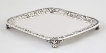 Tiffany & Co. Makers Sterling Silver Square Footed Tray with Repousse Flowers and Fern