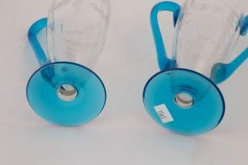 Steuben Celeste Blue Creamer and Sugar with Engraved Decoration