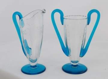 Steuben Celeste Blue Creamer and Sugar with Engraved Decoration