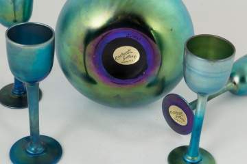 Steuben Blue Aurene Decanter and Four Cordials