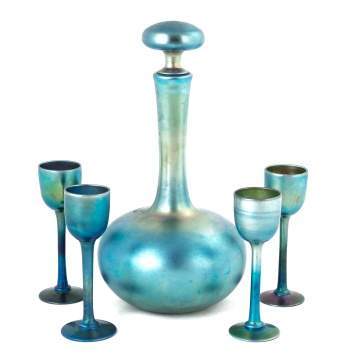 Steuben Blue Aurene Decanter and Four Cordials
