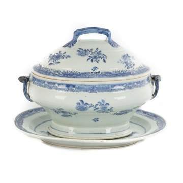 Chinese Export Canton Blue and White Porcelain  Tureen and Under Tray