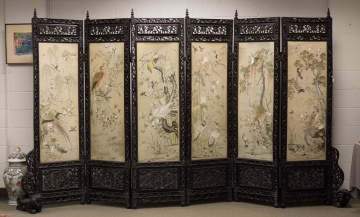 Chinese Carved Hardwood and Silk Six Panel Screen