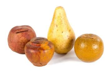Three Redware Banks and Stone Pear
