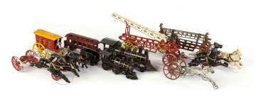 Group of Various Cast Iron Horse Drawn and Locomotive Toys