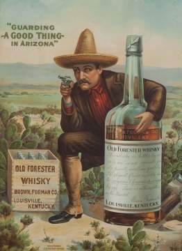 Rare Tin Lithograph Old Forester Whiskey Sign: "Guarding a Good Thing in Arizona"