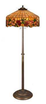 Leaded Glass Floor Lamp with a Decorated and Fluted Bronze Base