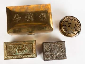 Group of Metal and Wood Boxes and Incense Burner