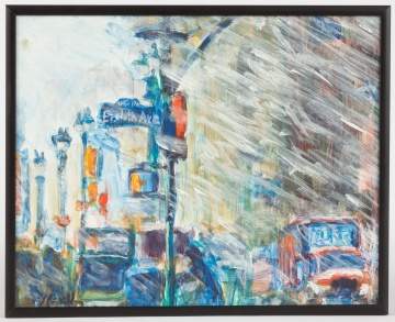 Vladimir Ginzburg (Russian/American, 20th Century)   "Snowstorm 8th Avenue NYC" Painting