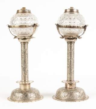 Two Silver Plate & Cut Glass Crystal Oil Lamps