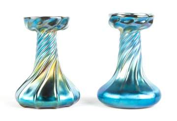 Two Tiffany Favrile Blue Iridescent Twisted Rib   Glass Candlestick Bases
