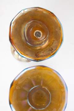 Two Tiffany Favrile Gold Iridescent Twisted Rib  Glass Candlestick Bases