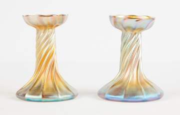 Two Tiffany Favrile Gold Iridescent Twisted Rib  Glass Candlestick Bases