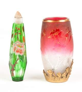 French Acid Cutback Vase & Enameled Glass Snuff   Bottle