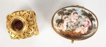 Cranberry Overlay Cologne with European Scenes &  Capodimonte Porcelain Box