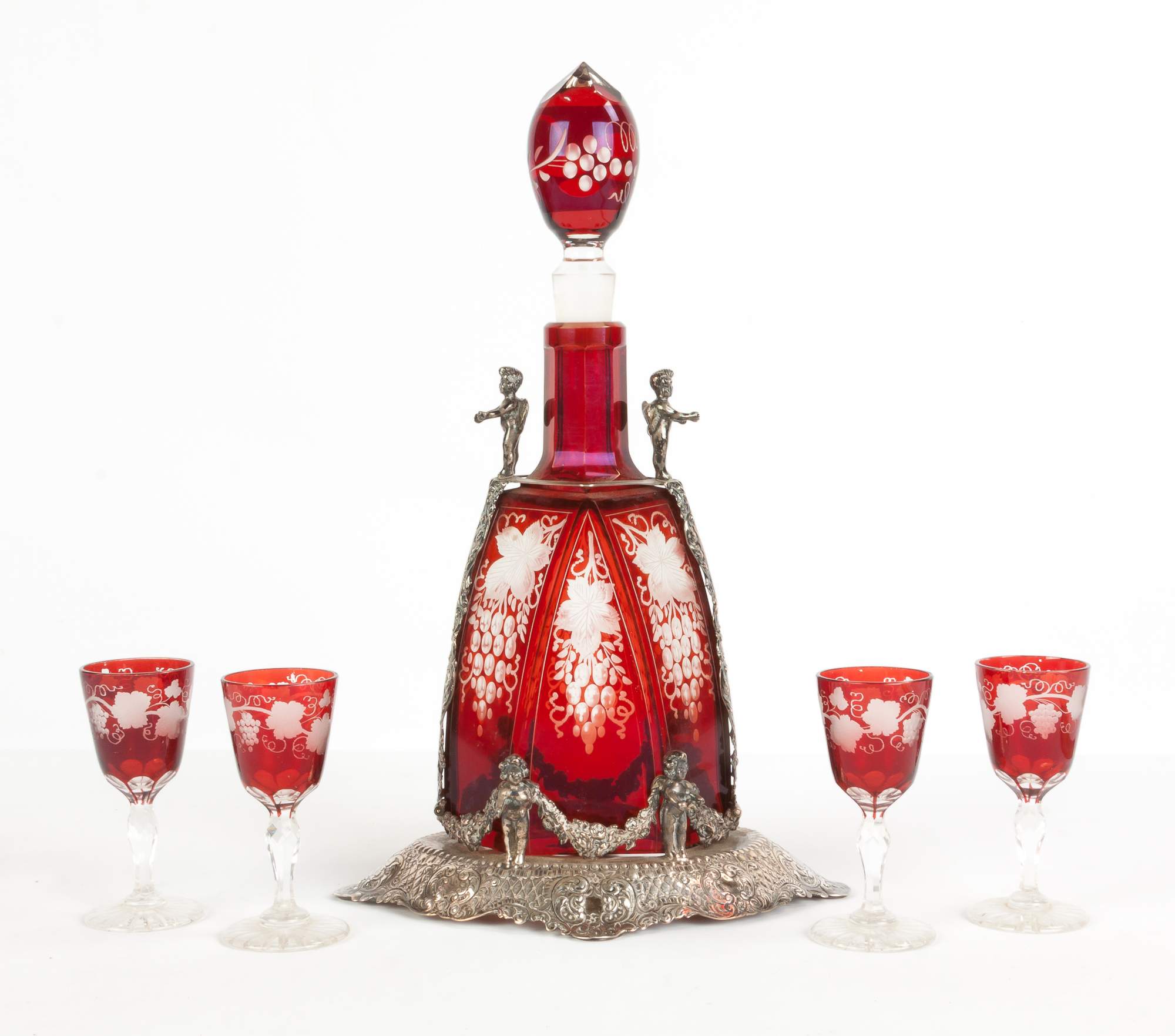 Ruby Bohemian Double Overlay Etched Glass Decanter & Cordials Cottone
