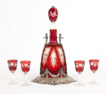 Ruby Bohemian Double Overlay Etched Glass Decanter   & Cordials
