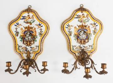 Pair of French Gien Porcelain Candle Sconces