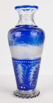 Double Overlay Cobalt Blue over Clear Bohemian   Crystal Engraved Vase
